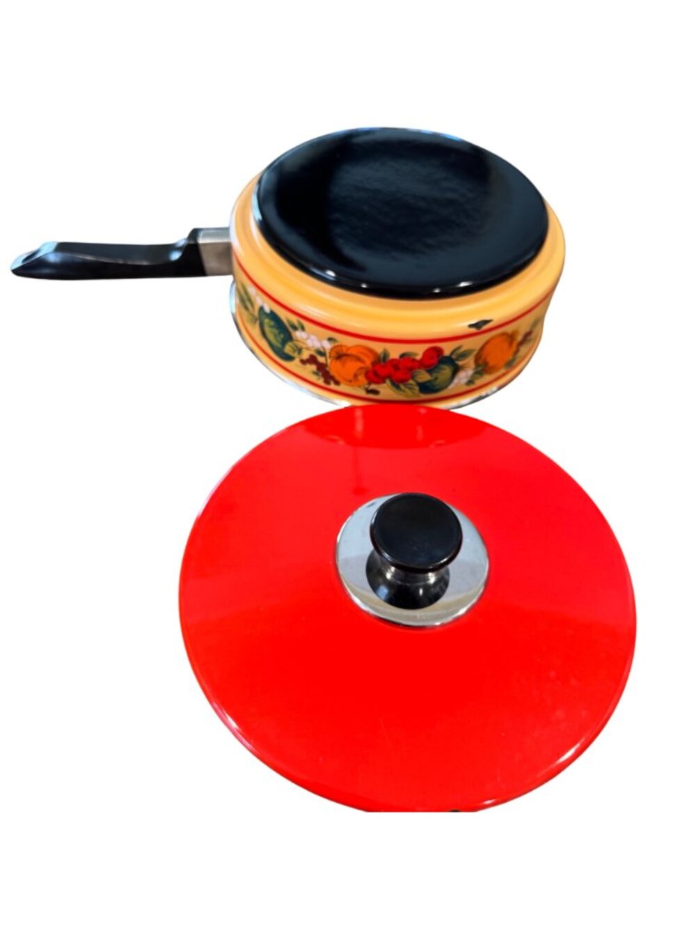 Fancipan Enamel Saucepan Lid Red Vegetable Design Metal Handle Kitchen Decor Vtg - Picture 2 of 16